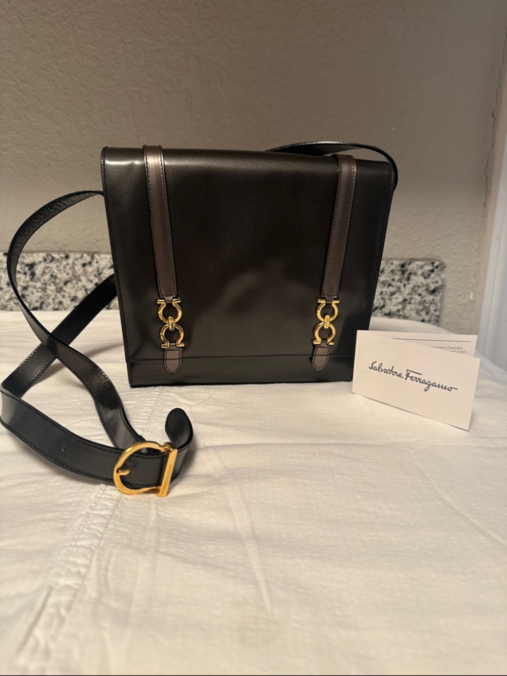 Salvatore Ferragamo Black Leather Messenger Bag with Gold Hardware